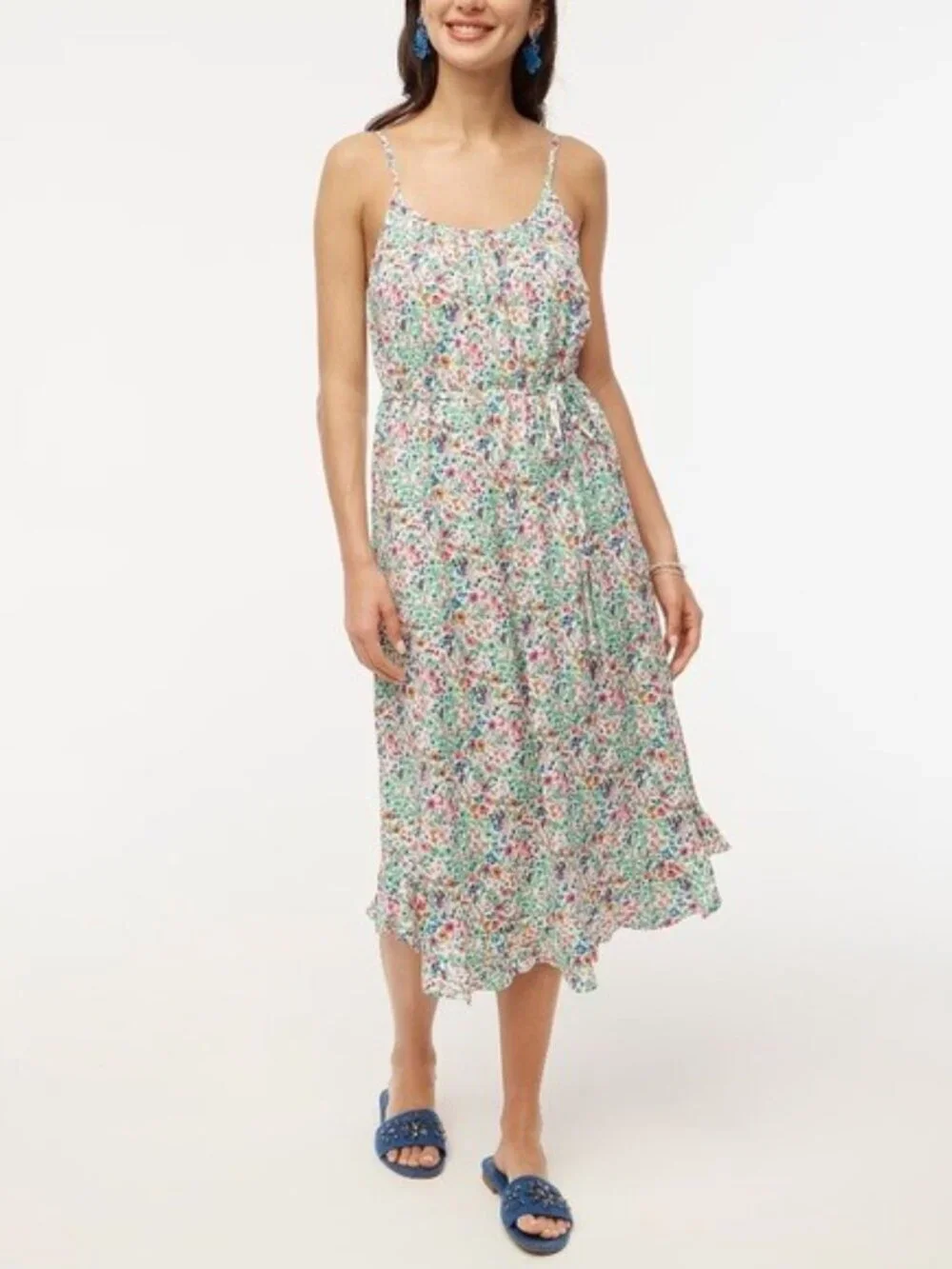 J. Crew Ruffle Midi Curved Hem Dress Green 2 #A1828